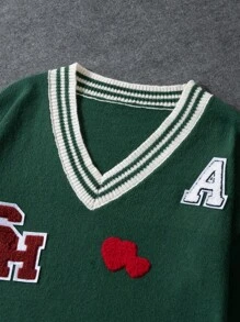 Manfinity Campus Court 男士休闲撞色条纹和字母针织毛衣，秋冬 - 軍綠色 - 查看 3