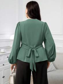 Modelyn Plus Size Women Solid Color Lantern Sleeve Ruched Asymmetric Hem Blouse - Green - View 2