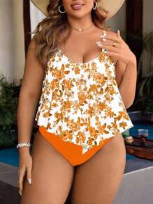 Swim Lushoire 2pcs/Set Plus Size Women Chinoiserie Style Random Print Crew Neck Ruffle Hem Vest And High Waist Pleated Triangle Bikini Swimwear Set For Summer Beach Vacation - Multicolor - View 5
