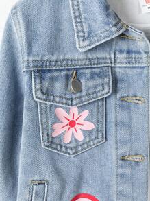 Giacca di jeans per ragazze, giacca casual alla moda di tutti i giorni per esterni con fiocco floreale, design a cuore e lettera, con colletto a bavero, maniche lunghe in denim