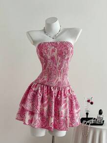 Chiquease Women Paisley Print Tiered Ruffle Bandeau Summer Vacation Dress - Baby Pink - View 1