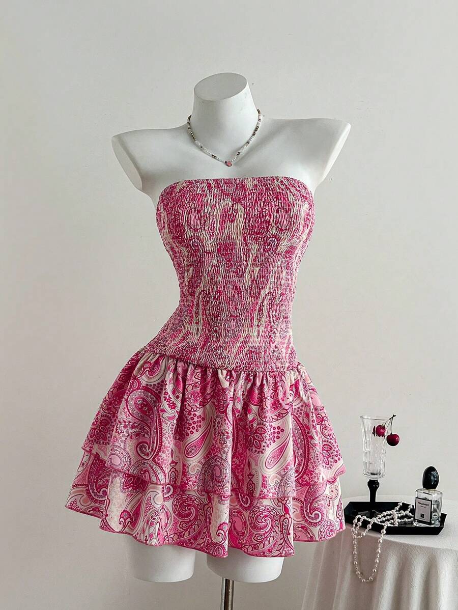 Chiquease Women Paisley Print Tiered Ruffle Bandeau Summer Vacation Dress - Baby Pink - View 1