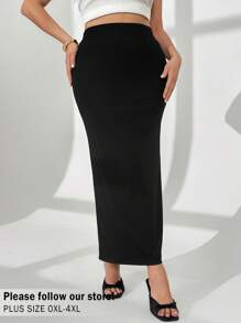 Auralis Plus Size Women's Summer And Autumn Casual Slim Elastic Waist Black Basic Hip Long Skirt, Curve Skirt,Fall Outfits,Women Bottom,Fall Women Clothes,Back To School,Teacher Clothes,Work Clothes,Office Wear,Curve Clothes