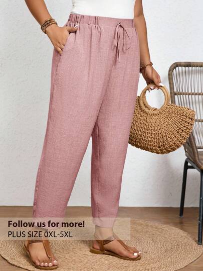 Elaquor Plus Size Solid Color Casual Trousers With Elastic Waist And Diagonal Pockets