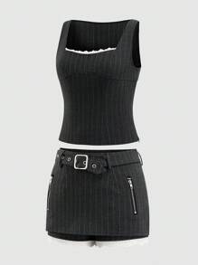 Bộ đồ lót sọc 2 mảnh và chân váy mini cho nữ - màu đen - Xem 3