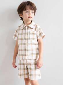 SHEIN 2件套男童夏季条纹格子短袖衬衫和短裤套装 - 彩色 - 查看 1