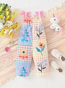 SHEIN Fashionable Plaid & Floral Print Baby Girls' Jumpsuit