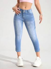SHEIN Tall Jeans vita ampia, orlo aperto alla caviglia, vita bassa, lunghezza 7/8 - Lavaggio chiaro - Visualizzare 5