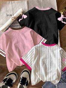 青少年女孩 3 件装休闲甜美蝴蝶结和数字 23 图案 T 恤，赛车球“洛杉矶”数字 79 印花短袖圆领 T 恤，适合返校季、毕业季、夏季 - 彩色 - 查看 2