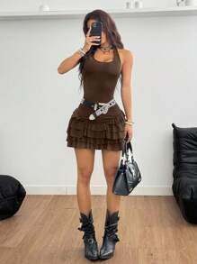 Coolane Women's Spring Y2K Going Out Daily Wear Basic Music Festival Knit Halter Ruffle Dress - Brown - View 5