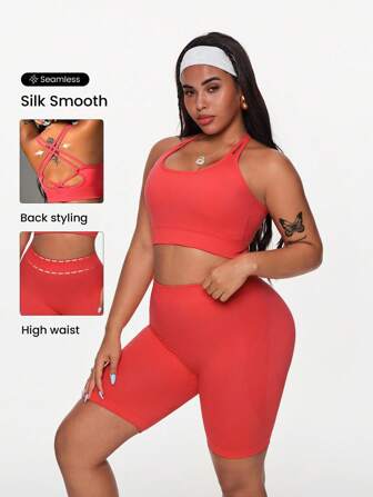 SHEIN Sports Conjunto de sujetador deportivo y shorts con espalda cruzada para mujer talla grande