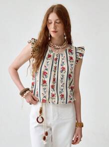 Franclia 法式碎花盖袖圆领垂坠面料夏季衬衫