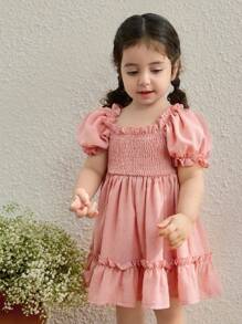Blossori Baby Girls' Countryside Resort Style Pink Puff Sleeve Dress - Pink - View 4