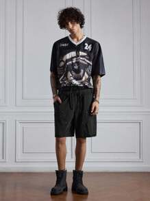 ROMWE MEN Men's Solid Color Drawstring Waist Loose Casual Shorts - Black and White - View 4