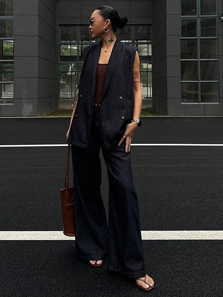 Women's Summer Sleeveless Lapel Double-Breasted Denim Vest And Loose Casual Long Pants 2 Pieces Outfit Sets, Casual Jeans Suit