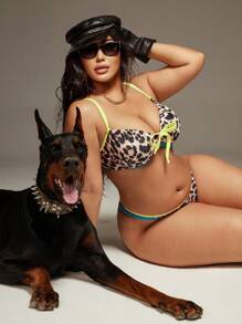 Swim SXY Plus Size Sexy Leopard Printed Steel Rib Contrast Edge Swimsuit Set, Odpowiedni na wakacje na plaży latem