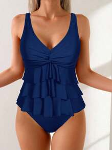 Swim Basics 女式纯色优雅扭褶荷叶边半身裙比基尼