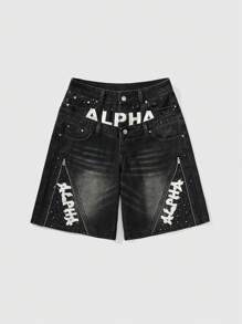 ROMWE Street Life 高街涂鸦印花拉链铆钉装饰复古水洗双腰带宽松女式牛仔裙裤 - 黑色 - 查看 1