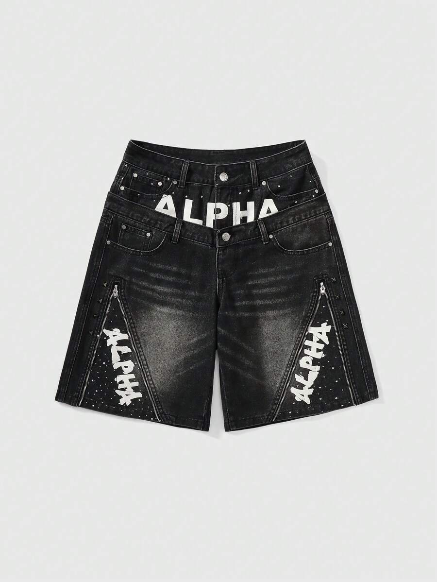 ROMWE Street Life 高街涂鸦印花拉链铆钉装饰复古水洗双腰带宽松女式牛仔裙裤 - 黑色 - 查看 1