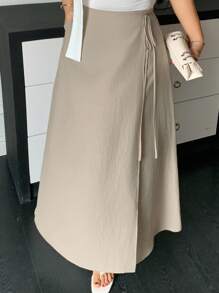 Dazy Plus Váy dài mùa hè dáng rộng có dây rút màu trơn cỡ lớn - Màu Khaki - Xem 5