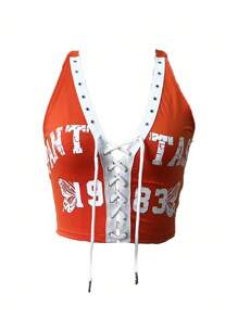 StreetHx Women's Letter Print Halter Neck Camisole - Orange - View 4