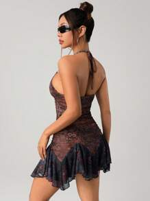 SHEIN ICON Y2K 西部波西米亚乡村音乐会棕色佩斯利印花复古撞色印花露背迷你挂脖连衣裙 - 彩色 - 查看 2