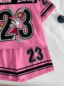 SHEIN 2pc Girls Trip Sports Graphic Set With Number 23, Classic Fashion Sporty Style: Short Sleeve T-Shirt With Sleeve Color Block, Graphic Print And Shorts, Suitable For Summer, Sports, Fitness, Casual Outing, Socializing