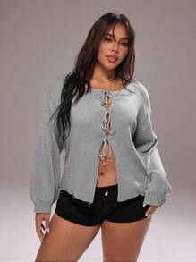 Rustia 1pc Women's Bowknot Cardigan Knitted Sweater, Autumn New Arrival