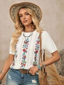 LanaWest Women's Solid Color Printed Round Neck Short Sleeve Elegant Western Sweater Knit Pullover Fall Winter - White - View 5