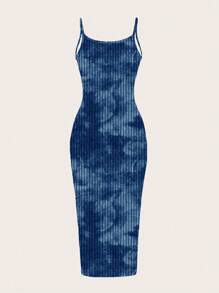SHEIN EZwear 休闲简约街头风格海军蓝扎染印花图案紧身长裙，适合夏季旅行、外出、度假 - 彩色 - 查看 2