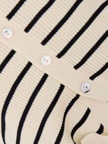 Tween 女童休闲条纹纽扣短袖针织上衣 - 黑與白 - 查看 7