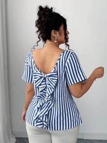 Elenzga Áo sơ mi sọc bèo nhún nơ hở lưng thời trang mùa hè, áo sọc, áo buộc lưng, áo cánh sọc, áo buộc dây cho nữ mùa hè - Xanh và trắng - Xem 3