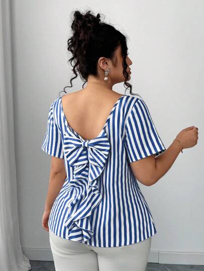 Elenzga Blusa de verano de moda informal de vacaciones con espalda descubierta, lazo, volantes y rayas, blusa a rayas, blusa con lazo en la espalda, blusas a rayas, blusas con lazo, blusas para mujer de verano