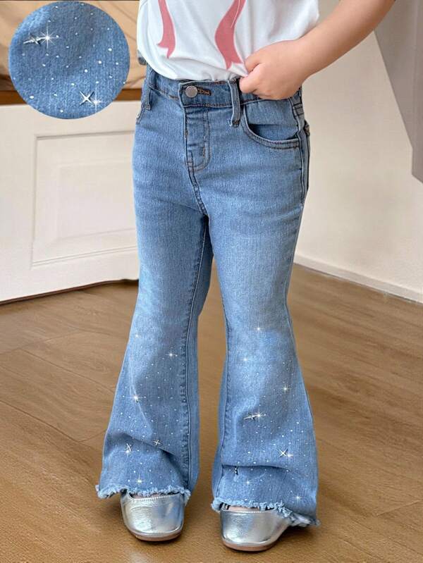 SHEIN Jeans de piernas acampanadas, azul brillante y elásticos para niña, para usar en primavera y verano en vacaciones, con estilo campestre y bohemio