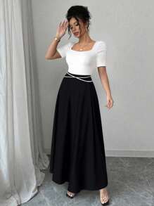 Rafferiza 女士优雅修身圆领针织拼接腰带新中式花卉印花中长连衣裙 - 彩色 - 查看 5