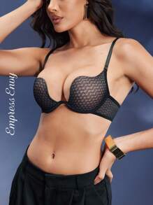 SHEIN Solid Mesh Underwire Bra Lingerie - Black - View 5