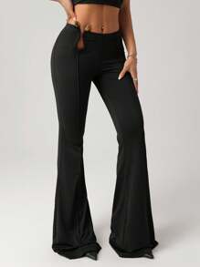 SHEIN ICON Women's Black Knitted Flare Leggings With Zipper Detail And Extra Long Length For A Casual Style - Black - View 6