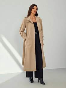 SHEIN Tall 女款休閒純色風衣，春秋款，適合高個女性 - 卡其色 - 查看 5