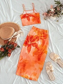 女孩印花 T 恤套装，春夏新品，优雅花卉印花套装 - 包括合身短款背心和配套的紧身迷你裙，休闲舒适套装，适合日常穿着、度假、海滩风格、母子装 - 彩色 - 查看 2