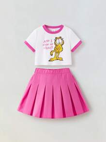 Maija Kids GARFIELD | SHEIN Maija Kids Young Girls Cartoon Cat Printed Round Neck Short Sleeve T-Shirt And Pleated Skirt 2pcs Set,Summer School Light Pink Kids Clothing Outfits - Pink - View 5