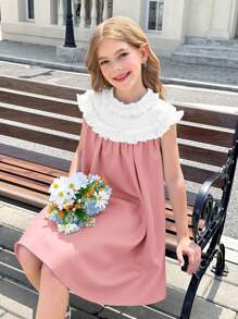 SHEIN 女童撞色荷叶边装饰宽松A字形无袖休闲连衣裙 - 藕粉色 - 查看 3
