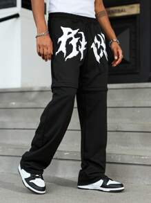 Manfinity EMRG Men's Letter Embossed Zip Off Convertible Long Pants To Shorts, Black Sweatpants - Black - View 4
