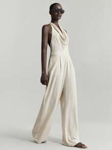 Ontre 女士纯色深 V 领阔腿连体裤，优雅都市风格，适合度假穿着，春夏季 - 白色 - 查看 6