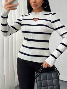 Cute Crew Neck Contrast Color Stripe Heart Shape Cut Out Front Sweater Striped Long Sleeve Top Womens Striped Top Heart Cutout Top Black And White Striped Top Ribbed Striped Top,Jumper,Cream Jumper,Jumpers,Christmas Jumper,Ladies Jumper,Women's Jumpers