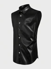 Manfinity BRENVOR Męska modna, uniwersalna, jednokolorowa koszula bez rękawów, męska czarna koszula bez rękawów, męska koszula bez rękawów ze sztucznej skóry, męska czarna koszula bez rękawów zapinana na guziki, męska koszula bez rękawów w stylu gotyckim, męska czarna koszula skórzana bez rękawów