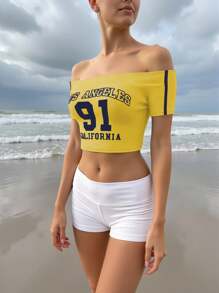 SHEIN ICON Camiseta corta de verano casual para mujeres con hombros descubiertos y estampado de letras - Amarillo - Ver 4