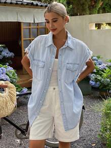 Livesso 女士休闲牛仔背心，翻领蓬松饰边，女士夹克，秋季女装 - 藍色 - 查看 1