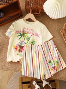 SHEIN 青春期女孩清凉夏日，热带水果花卉椰子柠檬茶印花，青春期女孩休闲简约短袖上衣和短裤两件套，适合夏季 - 彩色 - 查看 2