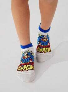 SUPERMAN X SHEIN 3 Pairs Cute Cartoon Striped Pure Cotton Boys/Children Socks, Reinforced Toe & Heel, All Season Wear, Suitable For School & Daily, Blue - Multicolor - View 5