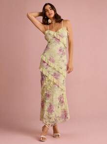 Enchnt Summer Romantic Women's Butter Yellow Floral Print Lace Sweetheart Neck Ruffle Hem Backless Slip Mermaid Maxi Dress,Sweet&Elegant For Vacation&Date&Holiday&Birthday&Party&Graduation&Wedding Guest&Beach,Prom Dress,Summer Dresses For Women,Sun Dresses For Women,Summer Clothes,Summer Outfits For Women,Elegant Dresses For Party, - Yellow - View 4